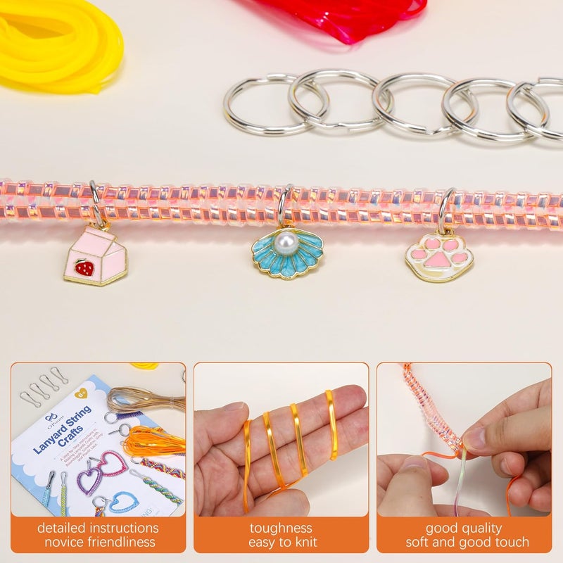 PP OPOUNT Lanyard String Kit for Christmas Crafts – 15 Plastic Gimp Strings with 40 Keychain Accessories & Instructions, DIY Bracelets Keychains Christmas Gift Craft Set(Solid/Glitter/Laser Colors) - Image 5
